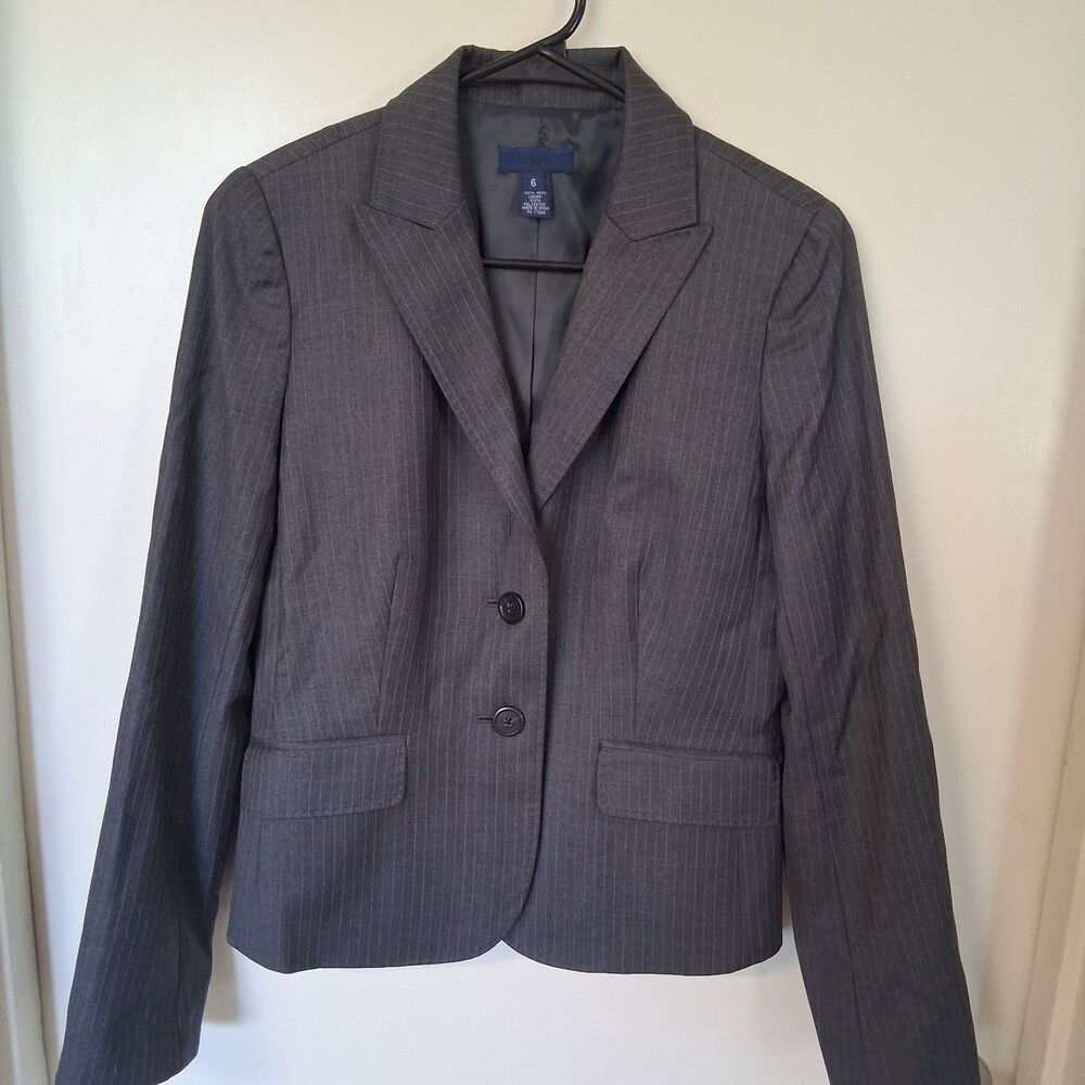 J. Crew Women's 120s Wool Two-Button Blazer Size 6 Gray Pinstripe Corporate Chic